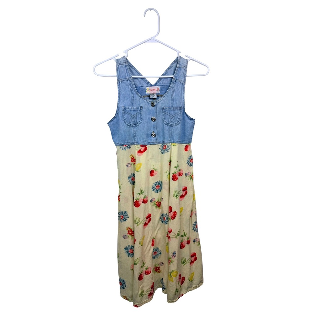 Girl Tribe Kids Vintage Denim Fruit Print Dress Size 7/8 Strawberry Cherry Blue
